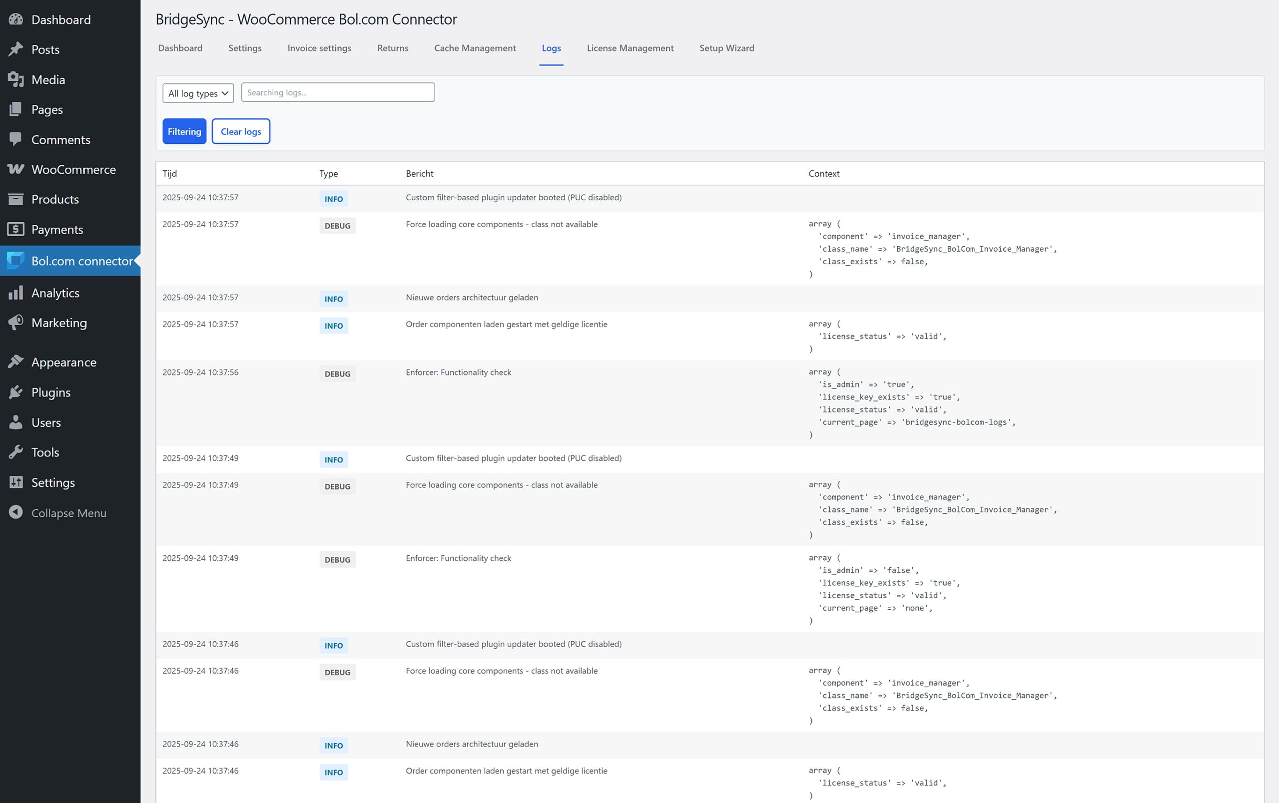Sync your logs and monitor Bol.com with BridgeSync. BridgeSync Bol.com Connector for WooCommerce provides human-readable sync logs with info and debug entries.