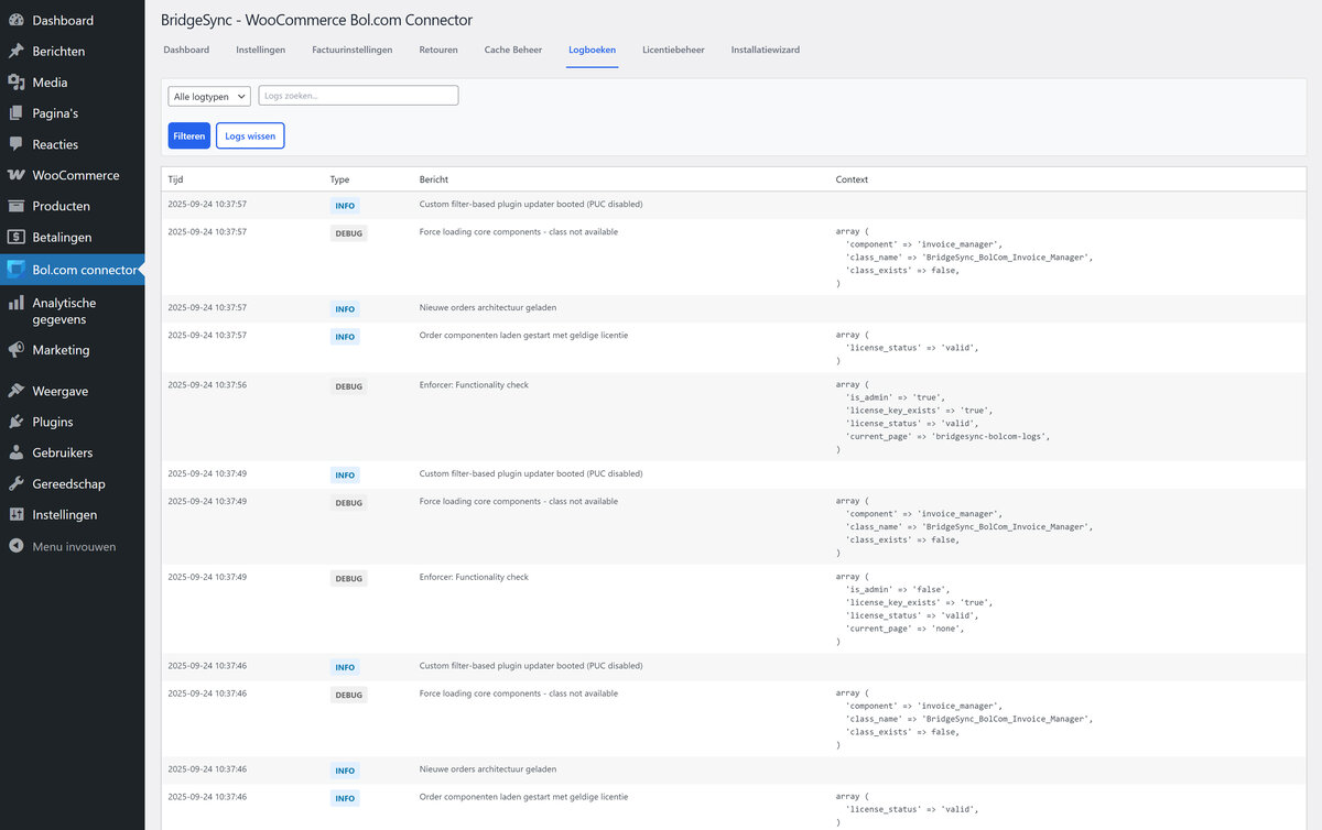 Bol.com synchronisatielogs & monitoring — BridgeSync Leesbare synchronisatielogs in BridgeSync Bol.com koppeling voor WooCommerce — info en debug