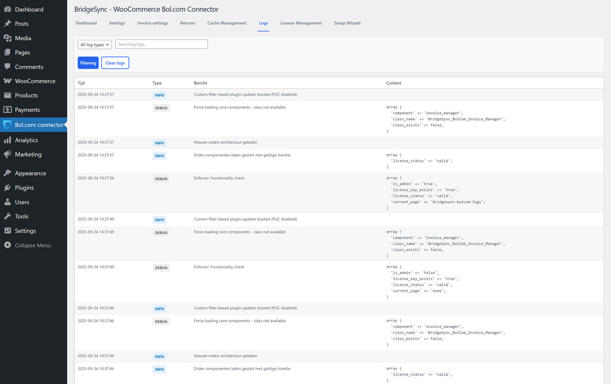 Sync your logs and monitor Bol.com with BridgeSync. BridgeSync Bol.com Connector for WooCommerce provides human-readable sync logs with info and debug entries.