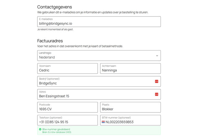 WooCommerce afrekenen — EU-btw-nummer gevalideerd (VIES) met succesmelding.