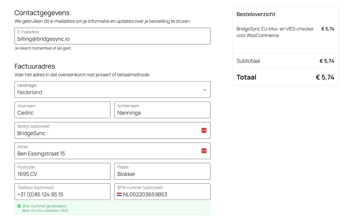 EU-btw-validatie bij afrekenen — BridgeSync VIES WooCommerce afrekenen — EU-btw-nummer gevalideerd (VIES) met succesmelding.