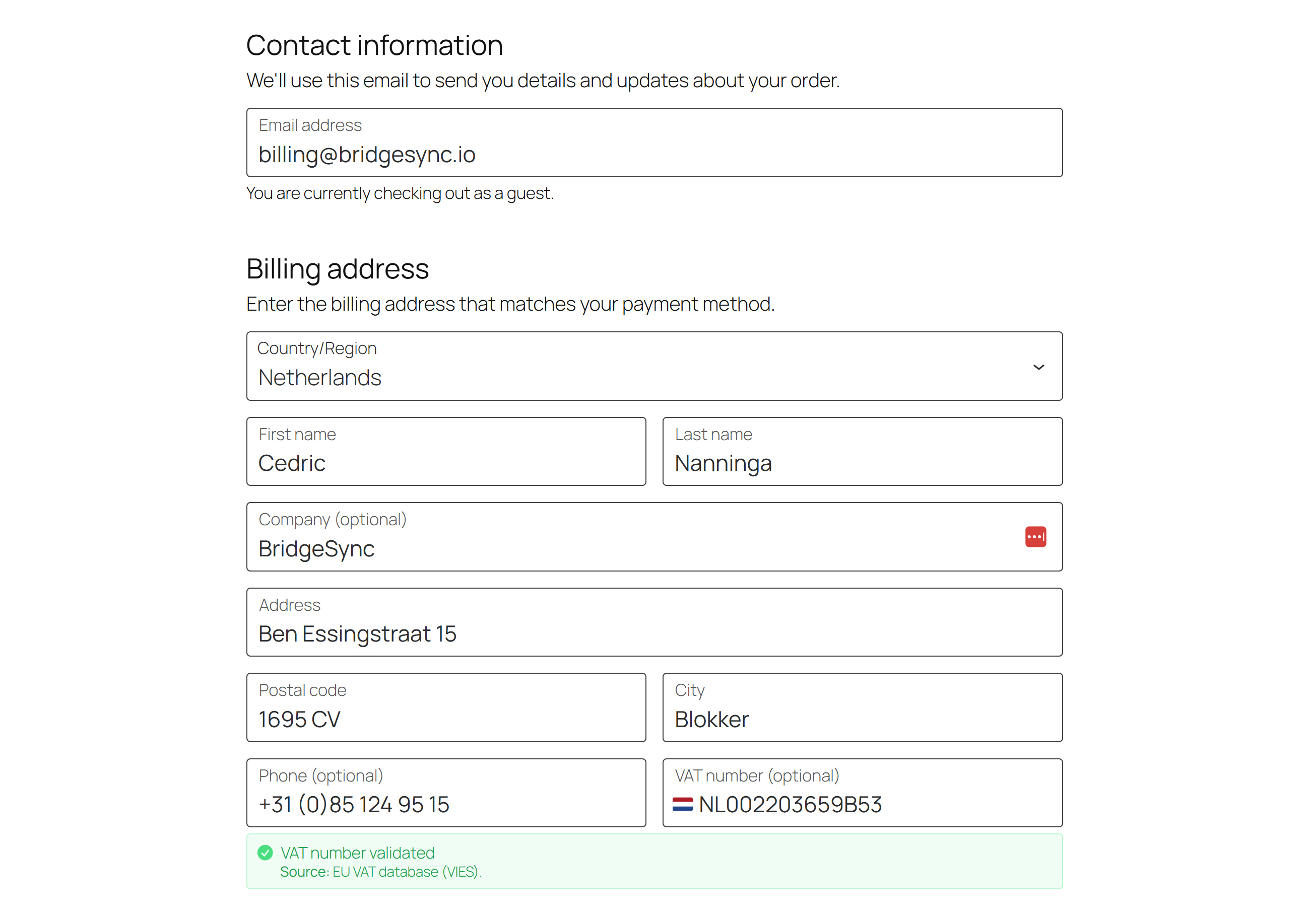 EU VAT validation at checkout (BridgeSync VIES Checker). WooCommerce checkout: EU VAT number validated via VIES with a success message.