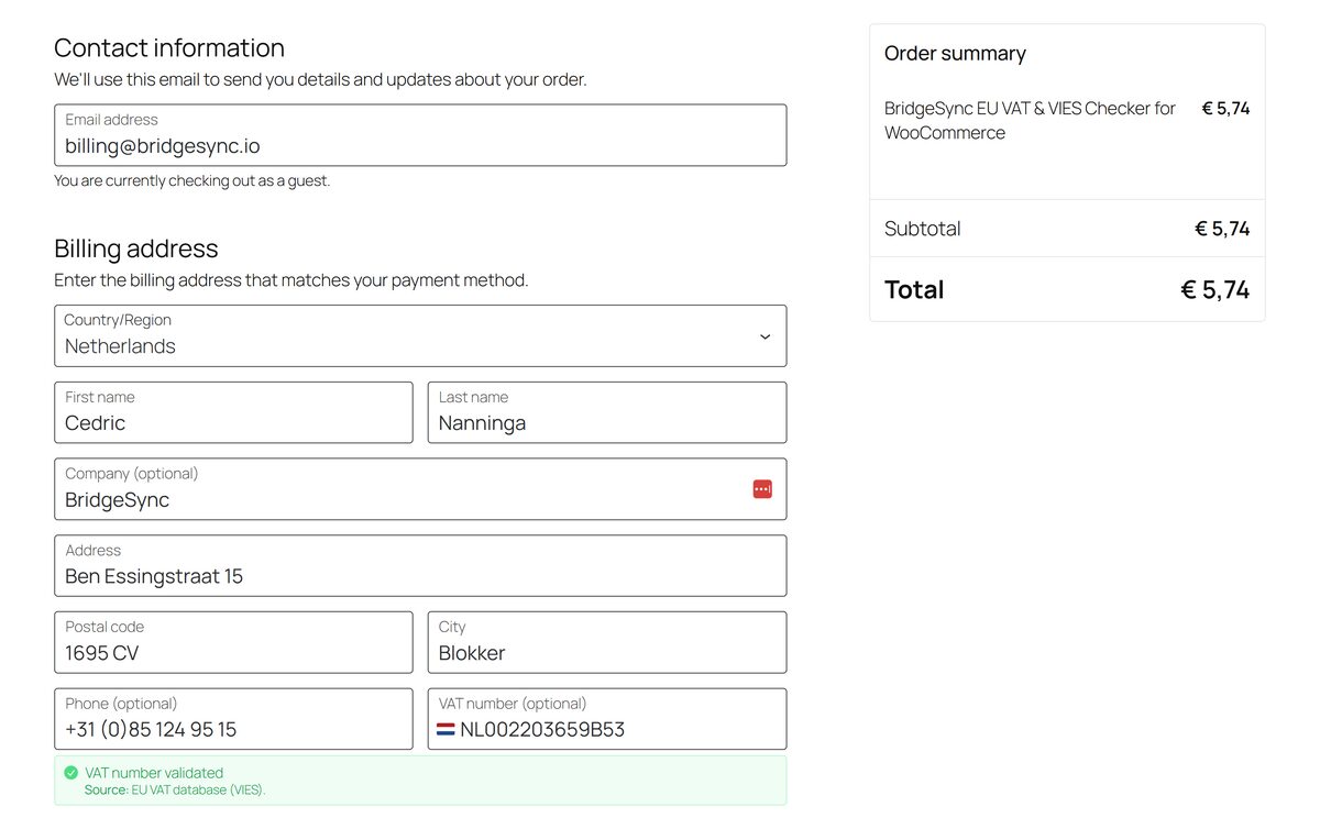 EU VAT validation at checkout (BridgeSync VIES Checker). WooCommerce checkout: EU VAT number validated via VIES with a success message.