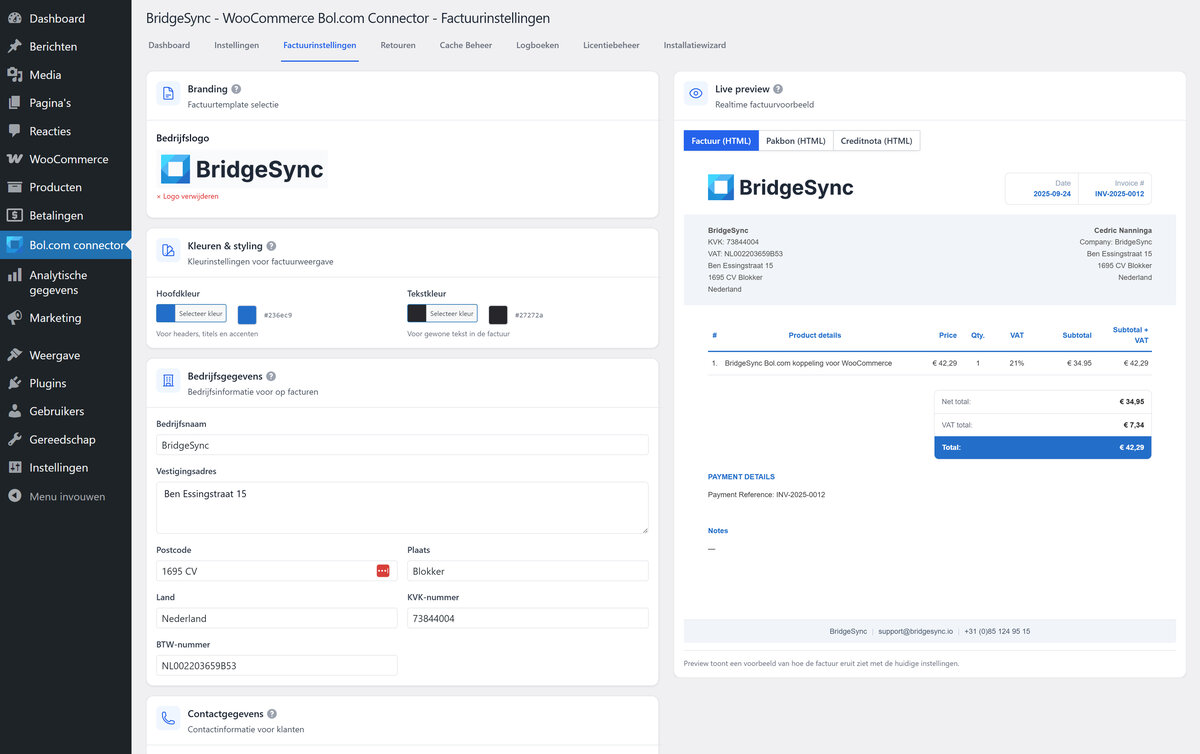 Factuurinstellingen & live PDF-voorbeeld — BridgeSync Factuurinstellingen met live voorbeeld — bedrijfsgegevens, kleuren en PDF-sjabloon in BridgeSync