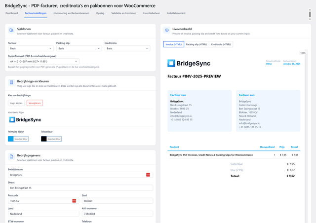 BridgeSync factuurinstellingen voor WooCommerce — sjablonen, papiersoort, bedrijfslogo & kleuren, bedrijfsgegevens en live factuurvoorbeeld.