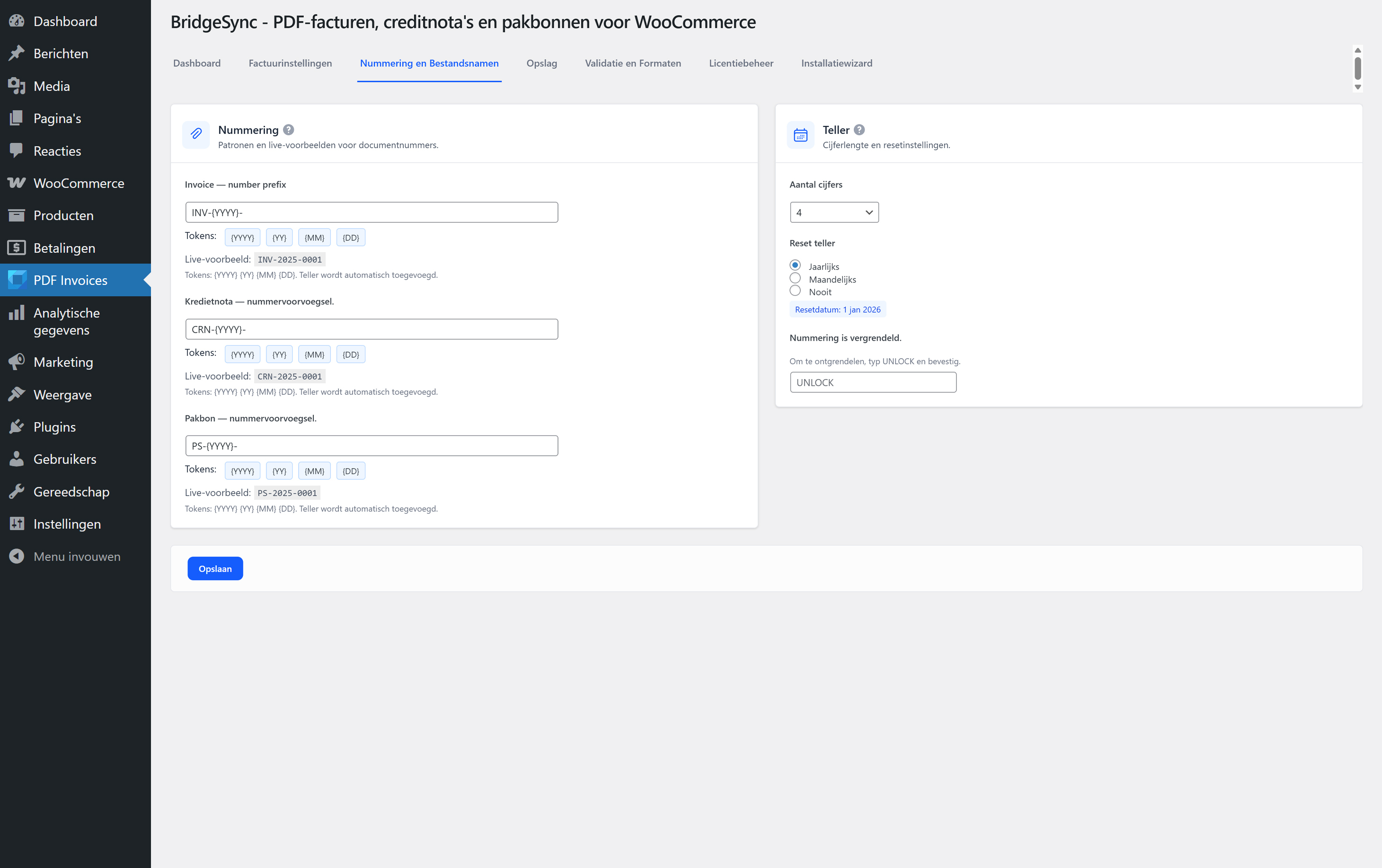 Factuurnummering & bestandsnamen — voorvoegsels en teller Factuurnummering & bestandsnamen — voorvoegsels voor factuur, creditnota en pakbon met lengtes en reset.