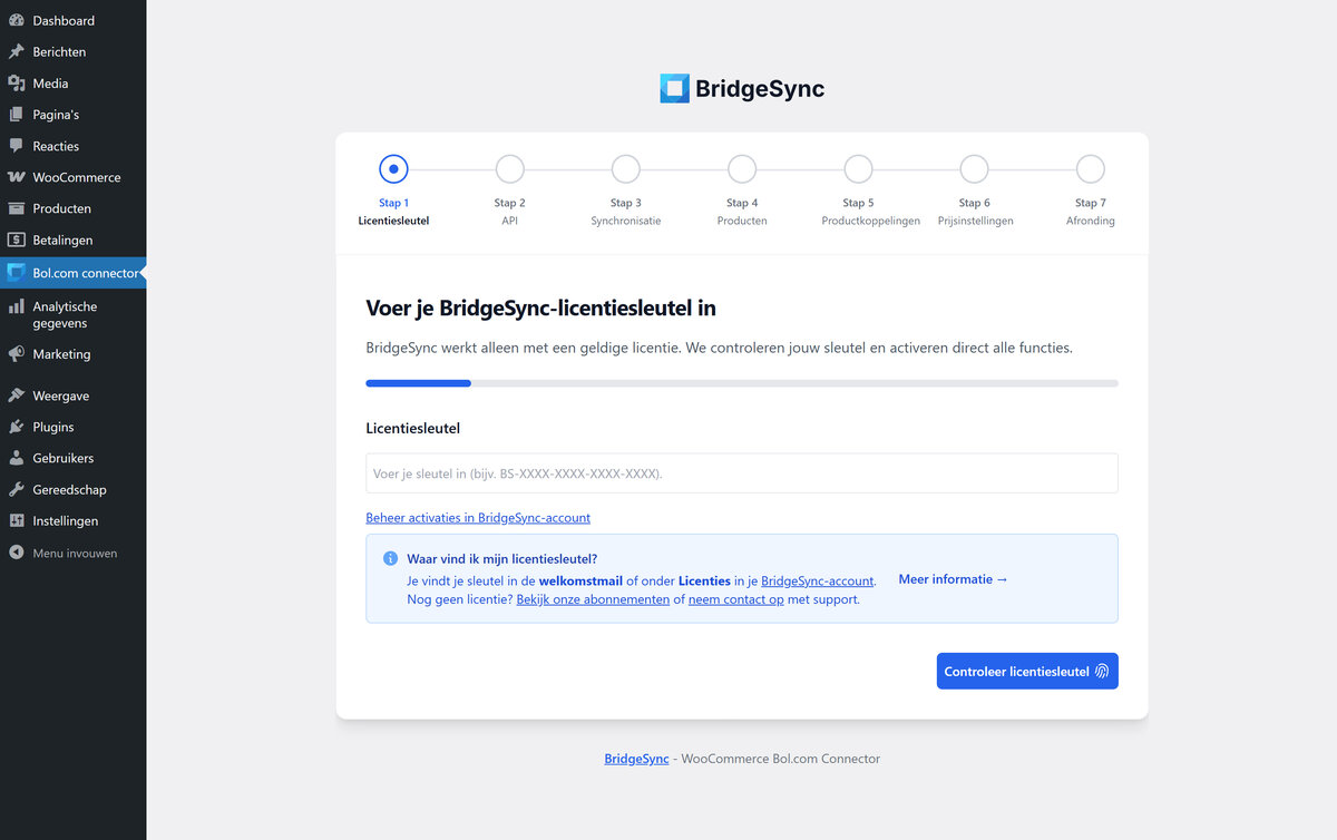 Installatiewizard — WooCommerce koppelen aan Bol.com Stapsgewijze installatiewizard — voer licentiesleutel in om WooCommerce binnen minuten met Bol.com te koppelen