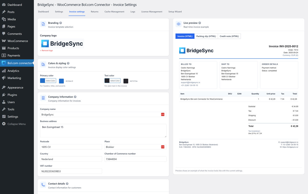 BridgeSync allows you to set up invoices and preview PDFs live. BridgeSync provides invoice settings with a live preview, company details, colours, and a PDF invoice template.