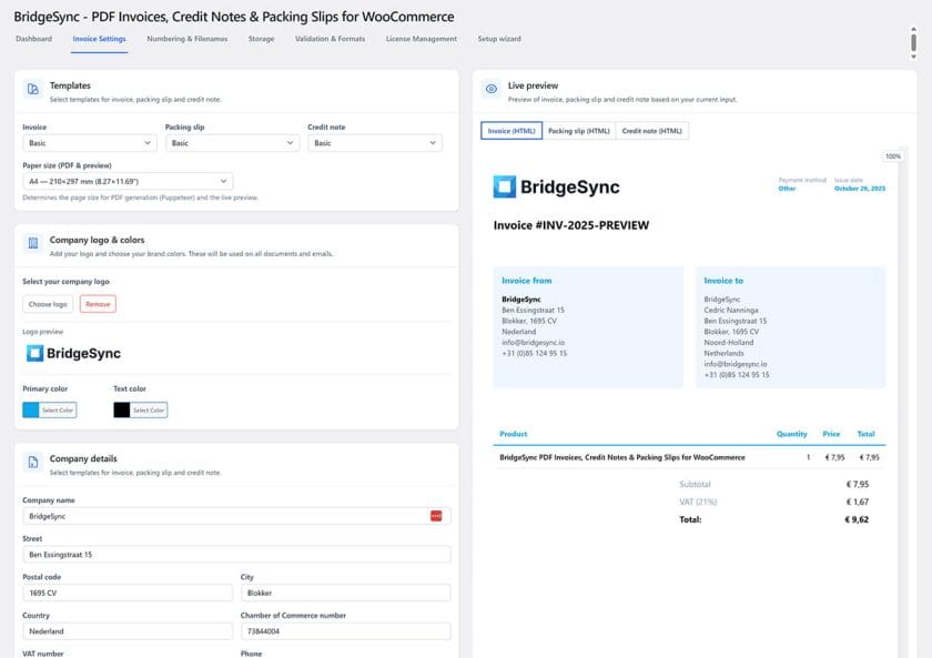 BridgeSync invoice settings for WooCommerce: templates, paper size, company logo & colors, company details, and a live invoice preview.