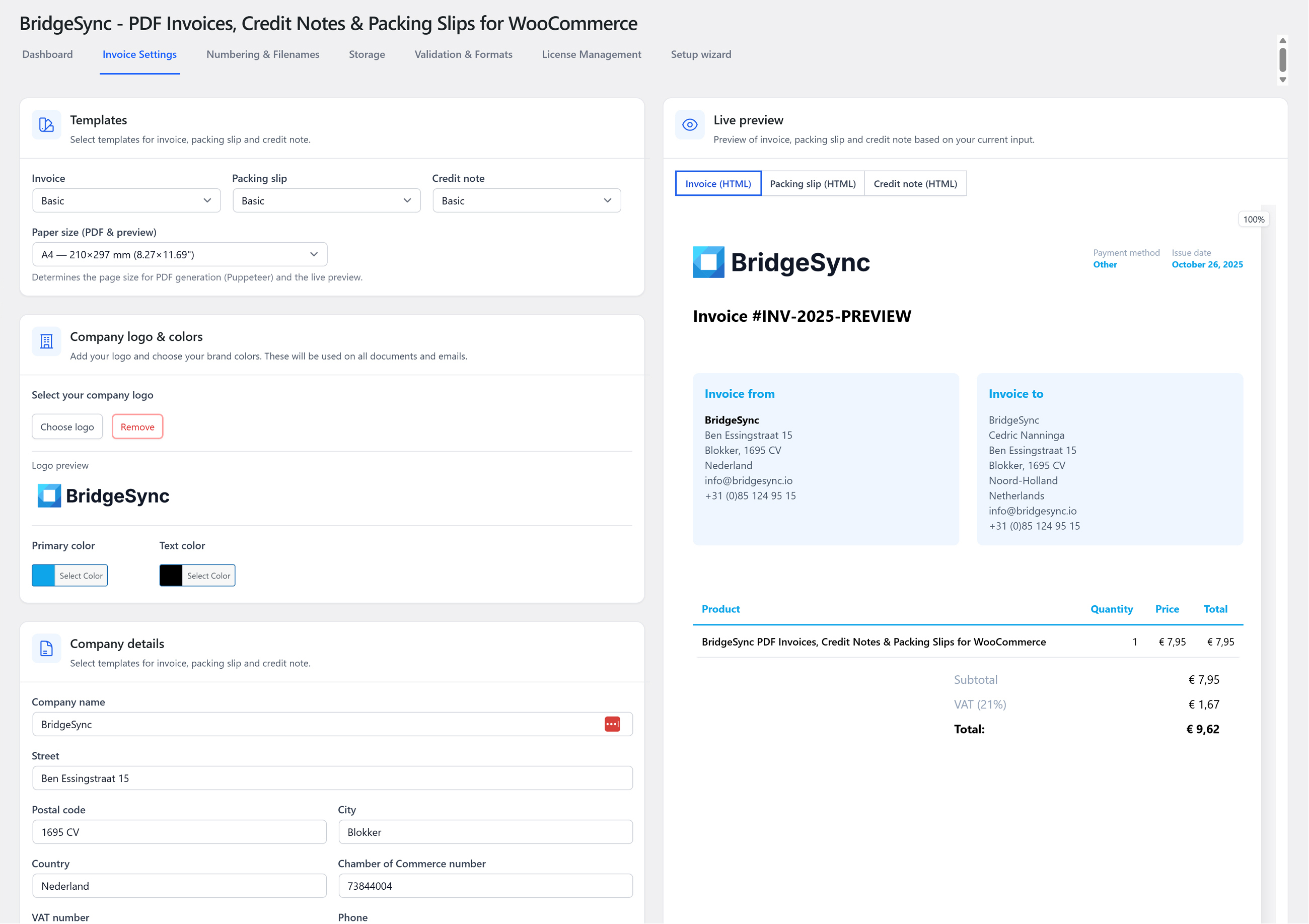Here's a live preview of the invoice settings (BridgeSync). BridgeSync Invoice Settings for WooCommerce: templates, paper size, company logo & colours, company details and live invoice preview.