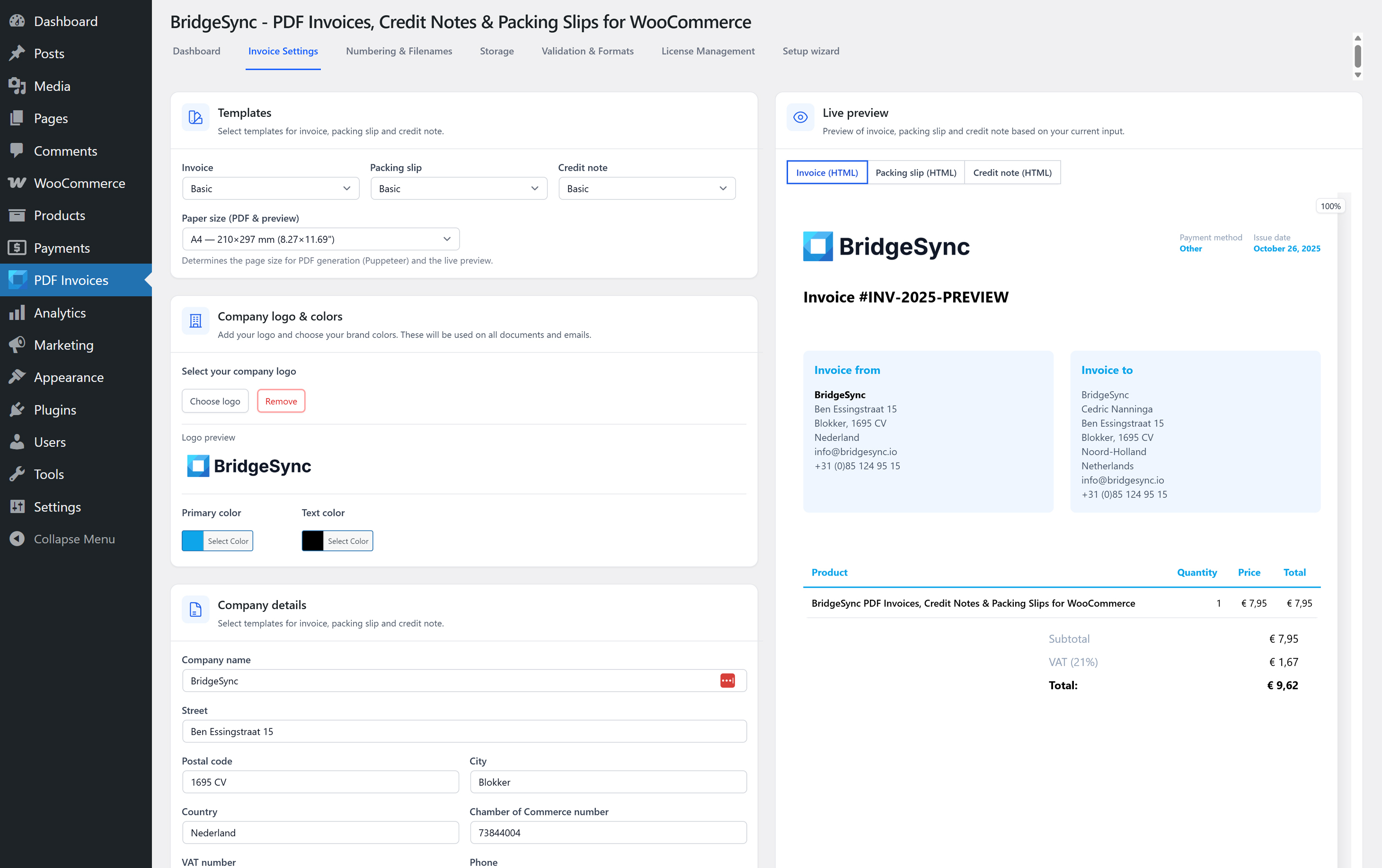 Here's a live preview of the invoice settings (BridgeSync). BridgeSync Invoice Settings for WooCommerce: templates, paper size, company logo & colours, company details and live invoice preview.