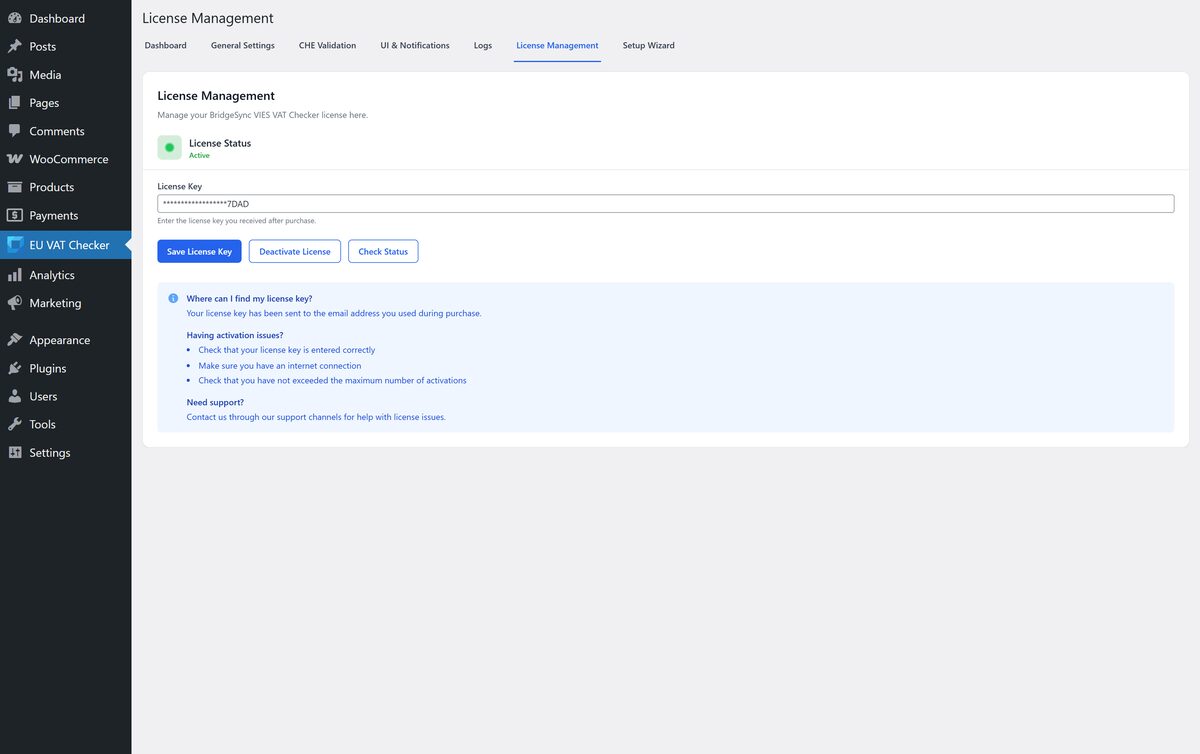 Getting started is simple — take care of your licence management. Use the license management screen to enter, save, review status, or deactivate your BridgeSync license. Activation is straightforward.