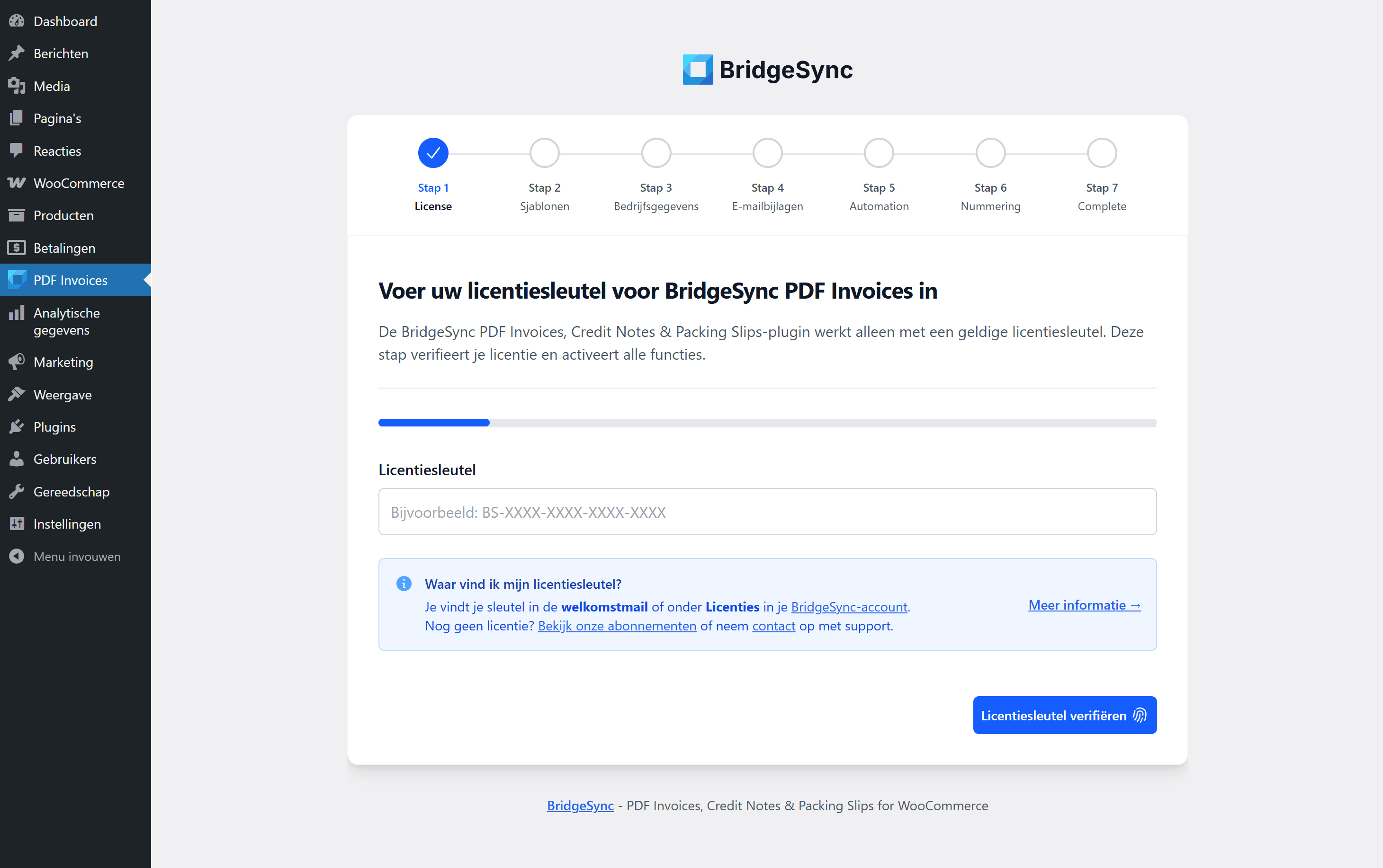 Installatiewizard — licentiecontrole Installatiewizard — voer je BridgeSync PDF-facturen licentiesleutel in om functies te activeren.