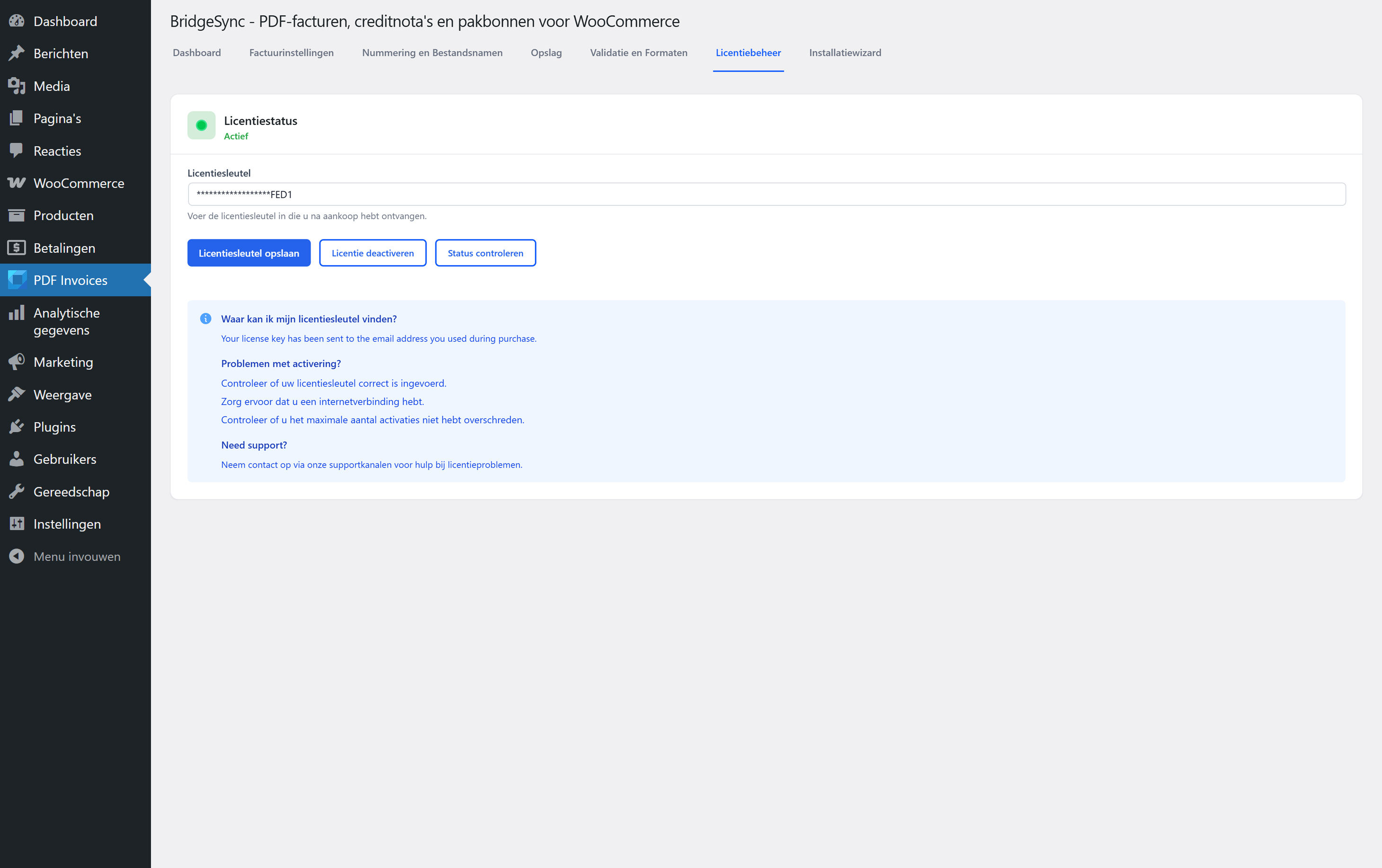 Licentiebeheer — eenvoudige activatie Licentiebeheer — licentiesleutel invoeren, opslaan, status controleren of deactiveren.
