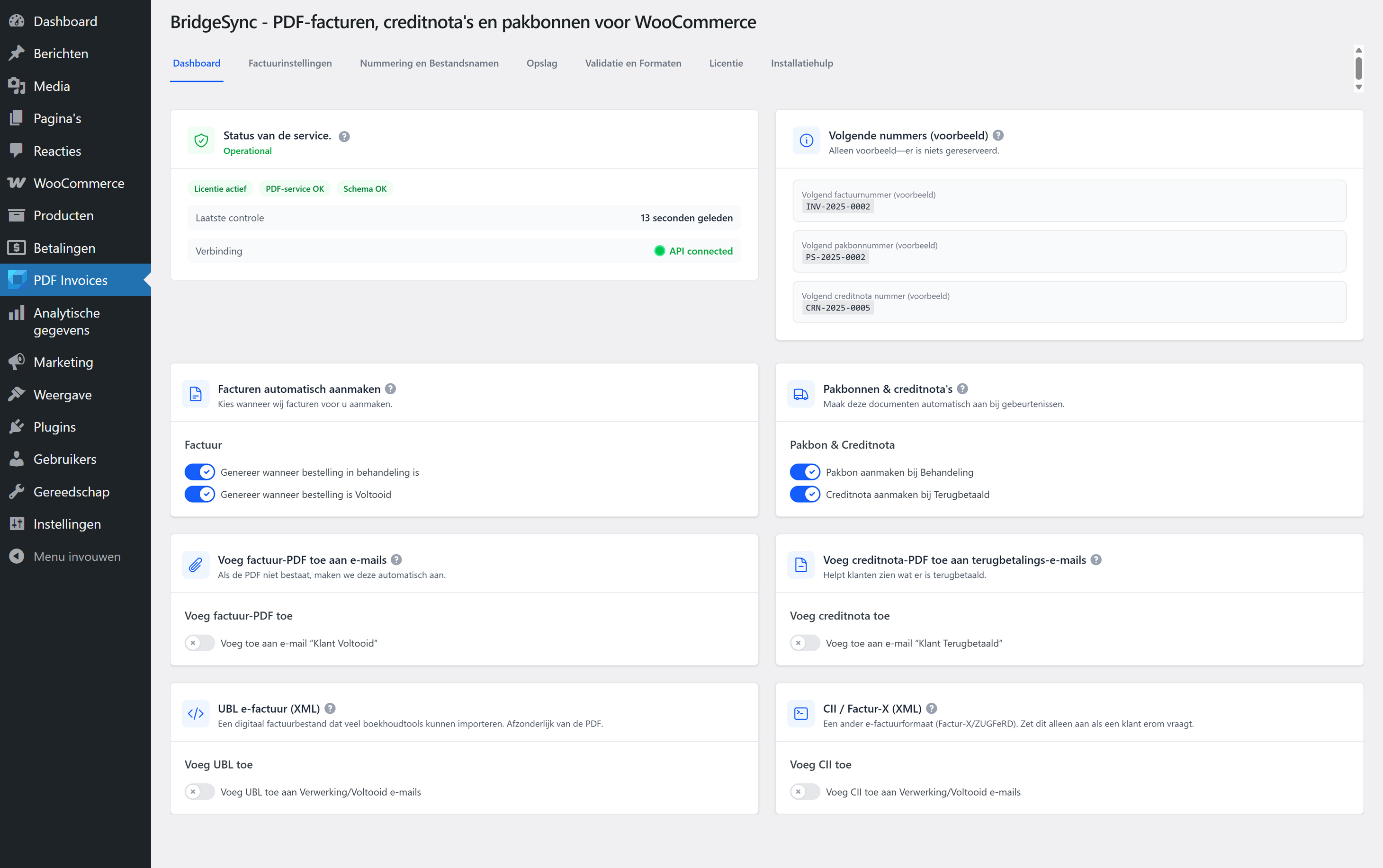 Dashboard — automatisering & servicestatus BridgeSync PDF Facturen dashboard — servicestatus en automatisch facturen, pakbonnen en creditnota’s.
