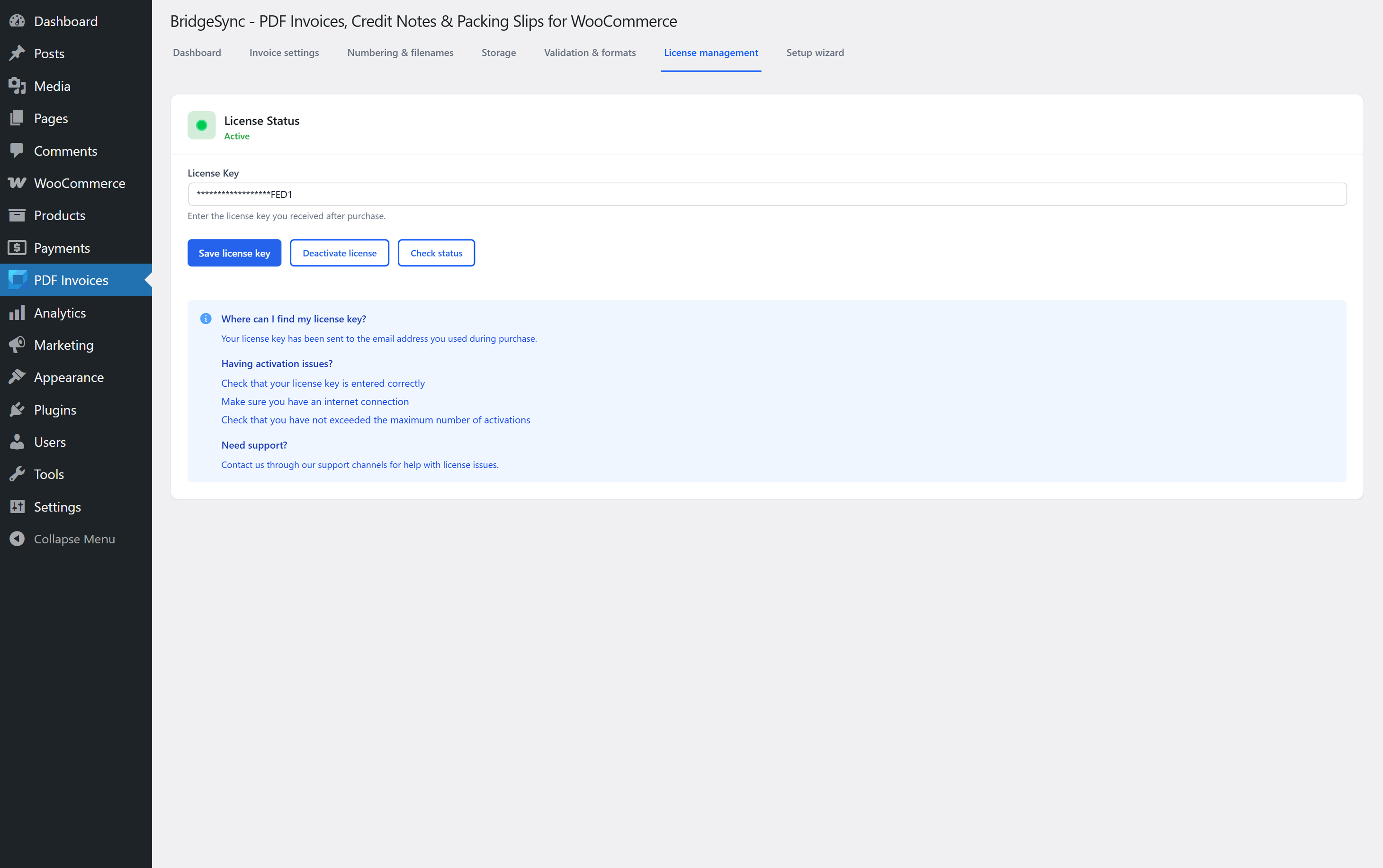 Activate your licence management with ease. Manage your BridgeSync licence like a pro. Enter, save, check the status, or deactivate your licence key – whatever you need to do, you can do it here.