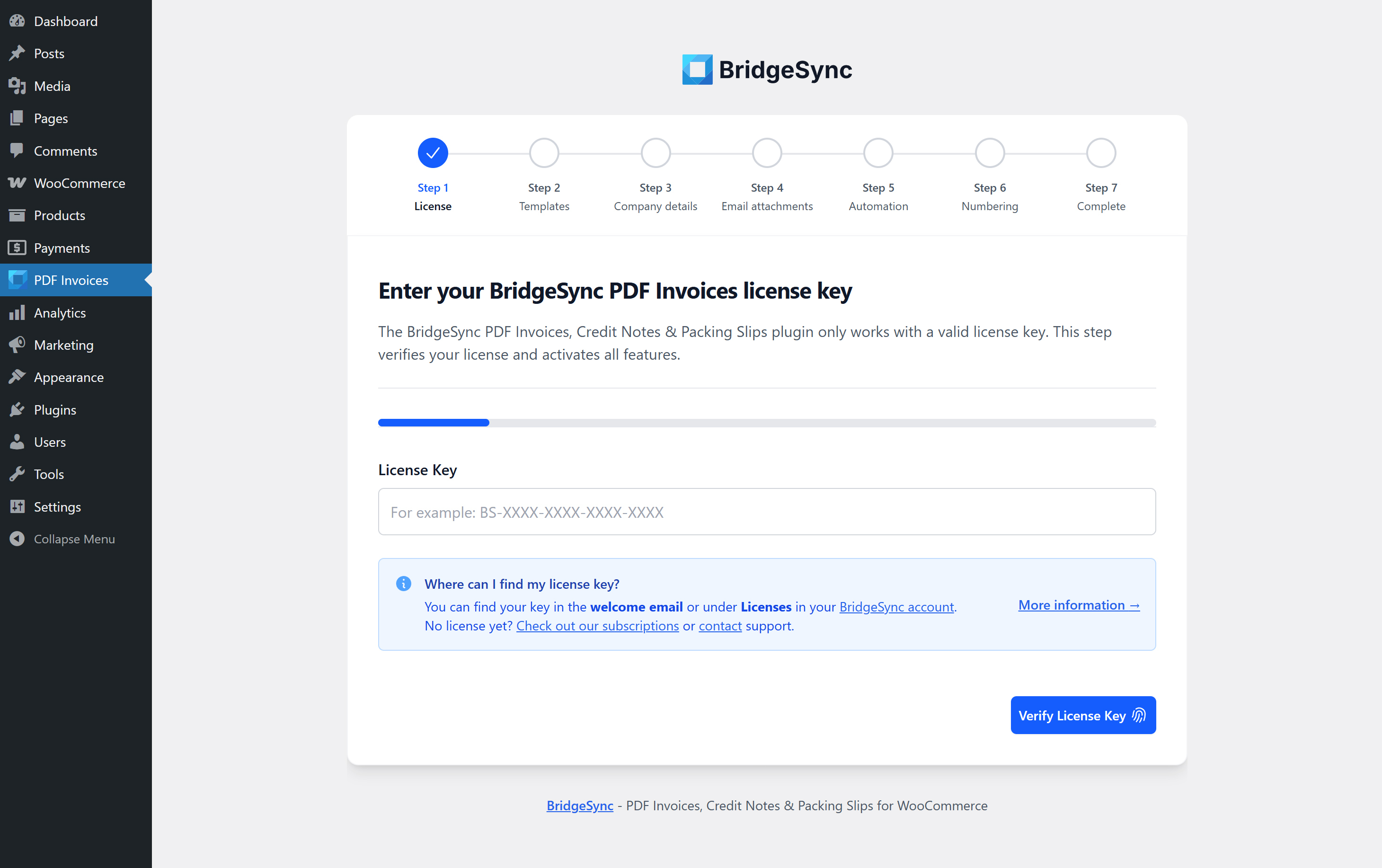 The Setup Wizard is used for licence verification. You must enter your BridgeSync PDF Invoices licence key to access all features of the Setup Wizard.