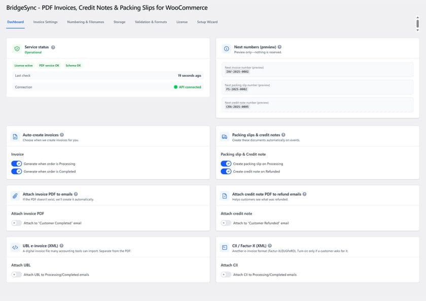 Use the BridgeSync PDF Invoices dashboard to keep an eye on your service status and automatically generate invoices, packing slips, and credit notes.