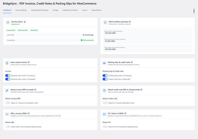 Use the BridgeSync PDF Invoices dashboard to keep an eye on the status of your service and automatically generate invoices, packing slips and credit notes.