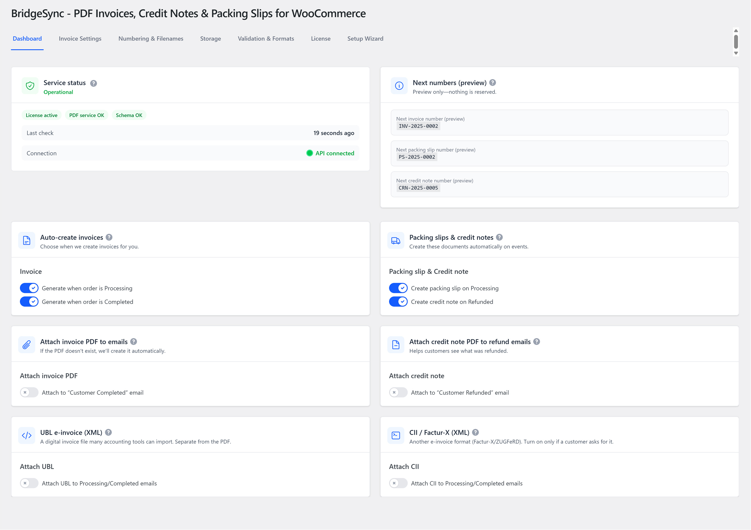 The dashboard provides a clear overview of automated processes and service status. Use the BridgeSync PDF Invoices dashboard to keep an eye on the status of your service and automatically generate invoices, packing slips and credit notes.