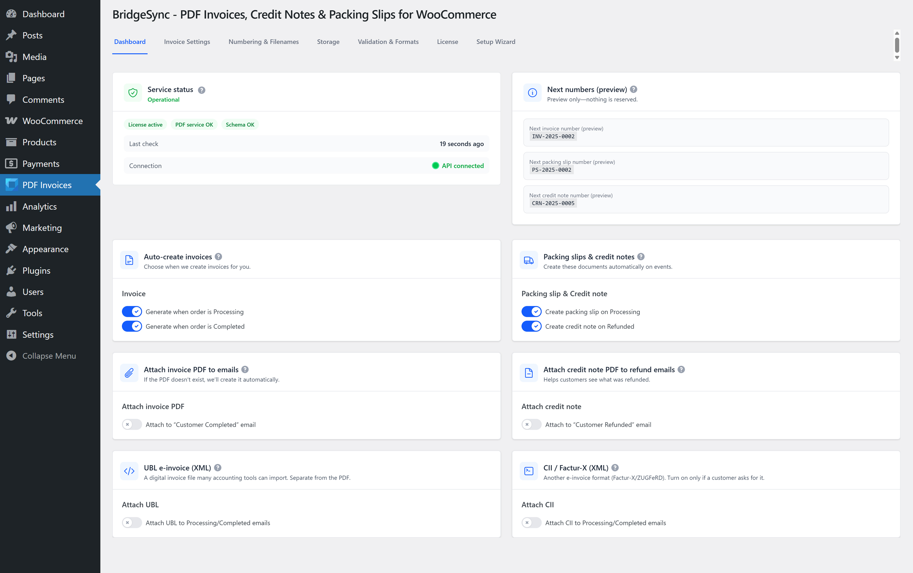 The dashboard provides clear visibility into automation progress and service status. Use the BridgeSync PDF Invoices dashboard to check the status of your service and automatically create invoices, packing slips, and credit notes.