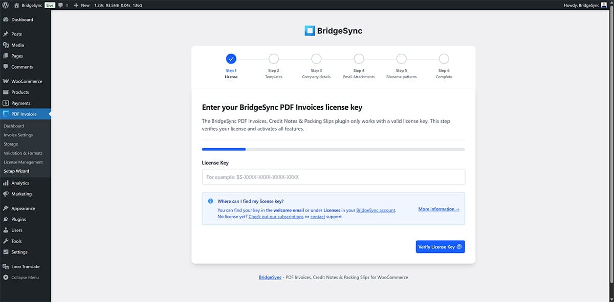 You must enter your BridgeSync PDF Invoices licence key to access all features of the Setup Wizard.