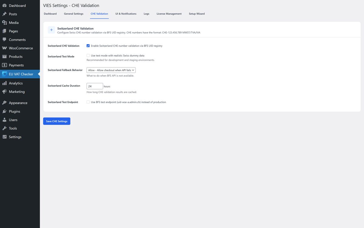 Switzerland has a system called CHE validation and a BFS UID. The Switzerland CHE validation settings include the BFS UID registry with cache, test mode, and fallback behavior.
