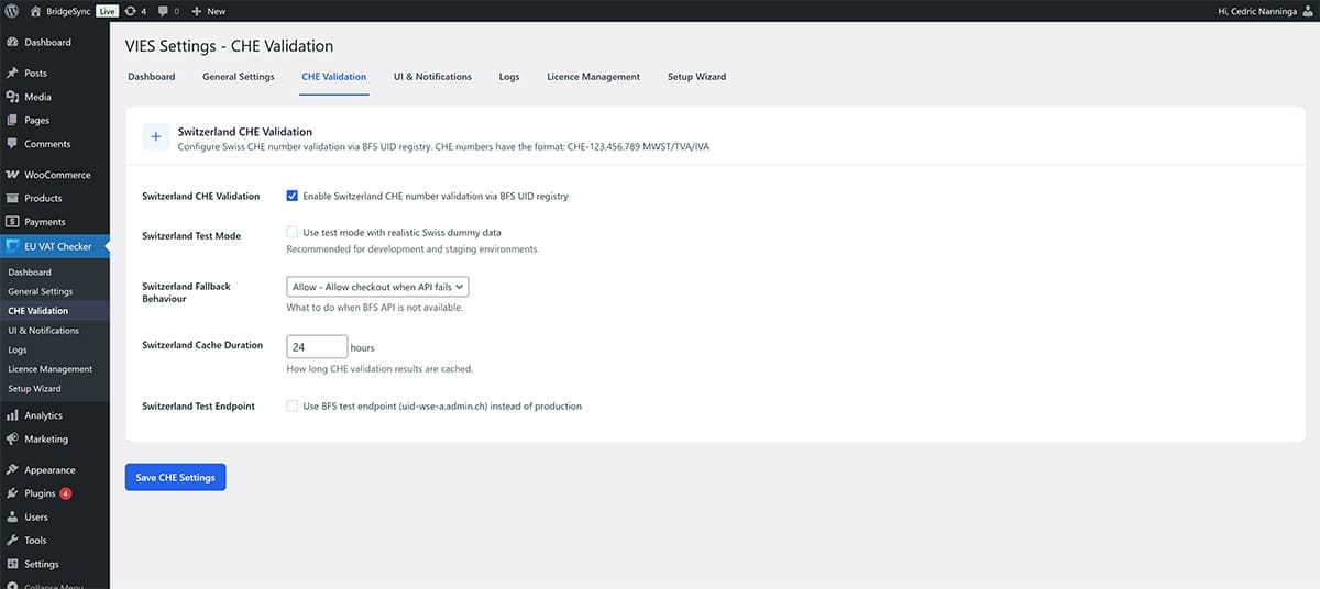 The Switzerland CHE validation settings include the BFS UID registry with cache, test mode, and fallback behavior.