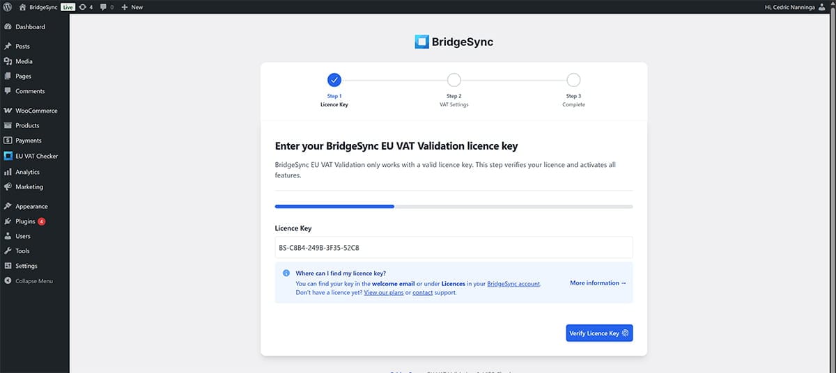The Setup Wizard will check your licence key to switch on EU VAT validation features, step by step.