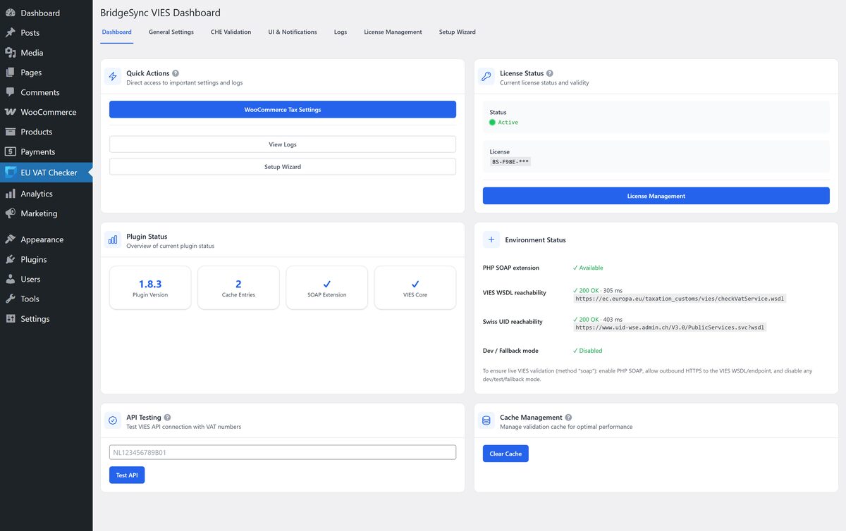 Here is a quick summary of the VIES dashboard's status and quick actions. Connect BridgeSync to the VIES dashboard to access quick actions, license status, environment checks, and API testing.