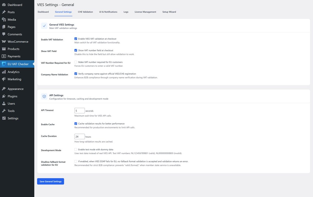 The general settings for control and performance can be found here. You must enable the following VIES general settings: validation, displaying the VAT field, company name matching, API timeout, and cache.