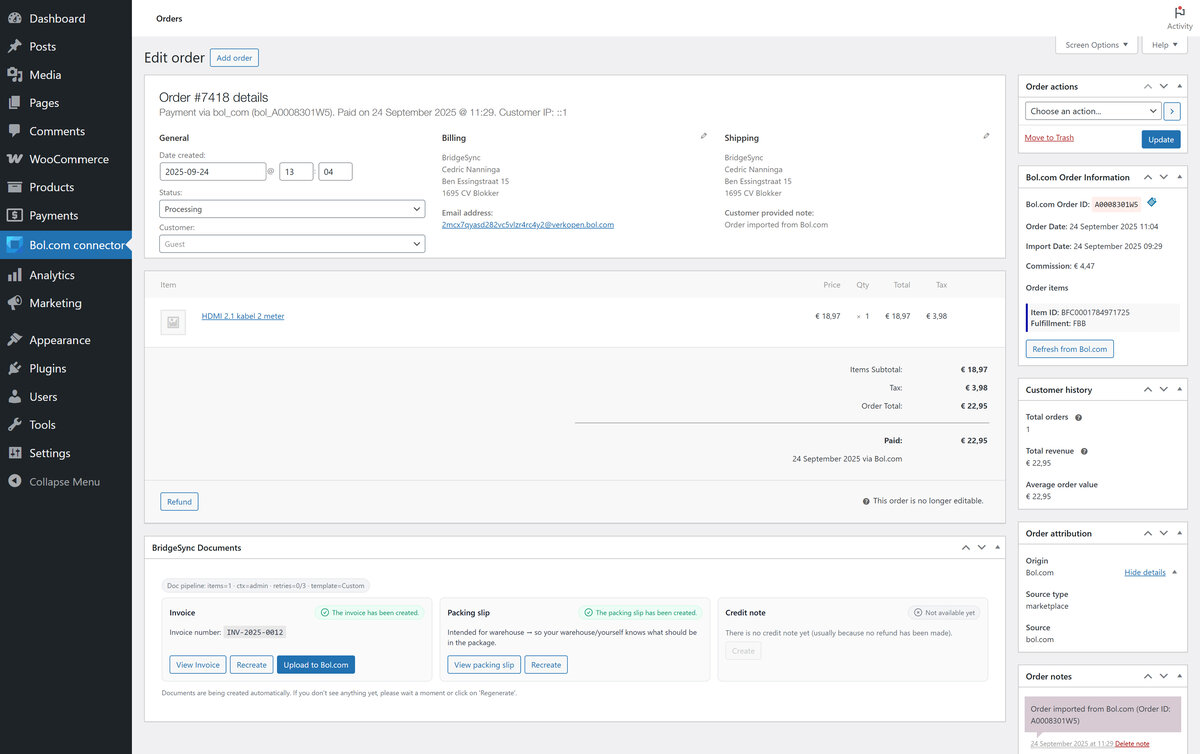 Here is the Bol.com invoice and packing slip for the WooCommerce order. Your WooCommerce order with Bol.com data is ready. We've created the invoice and packing slip, which you can upload to Bol.com at your convenience.