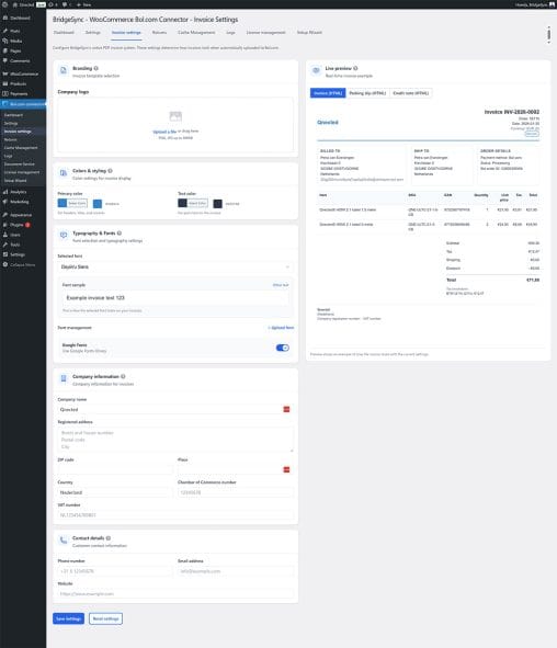 BridgeSync Invoice settings showing Branding section with logo upload on the left and Live preview panel on the right displaying a sample invoice with company details