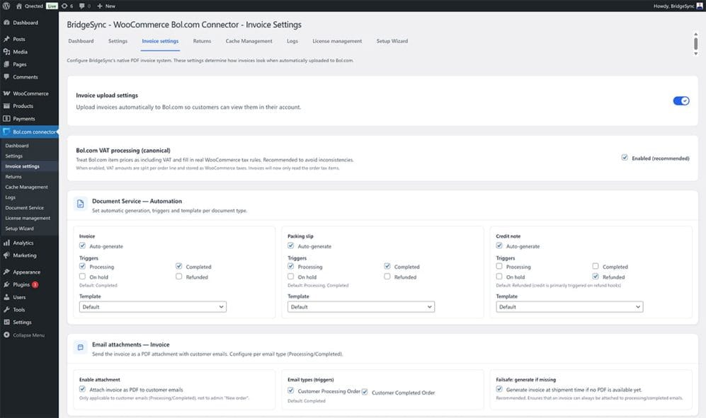 BridgeSync Invoice settings page showing Invoice upload settings toggle enabled and Bol.com VAT processing checkbox
