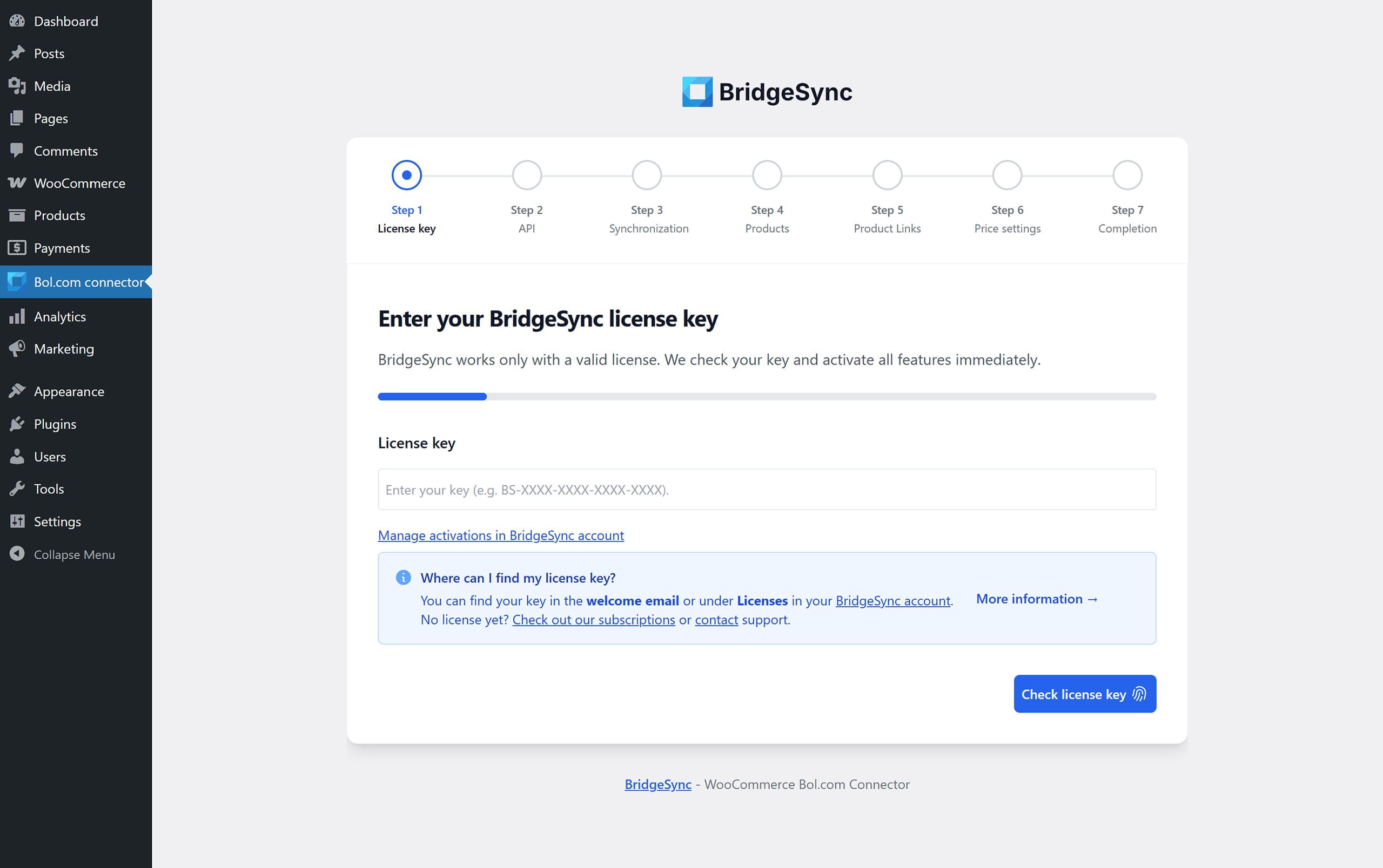 The Setup Wizard is straightforward. Just type in your license key and you're good to go. It will connect WooCommerce to Bol.com in no time.