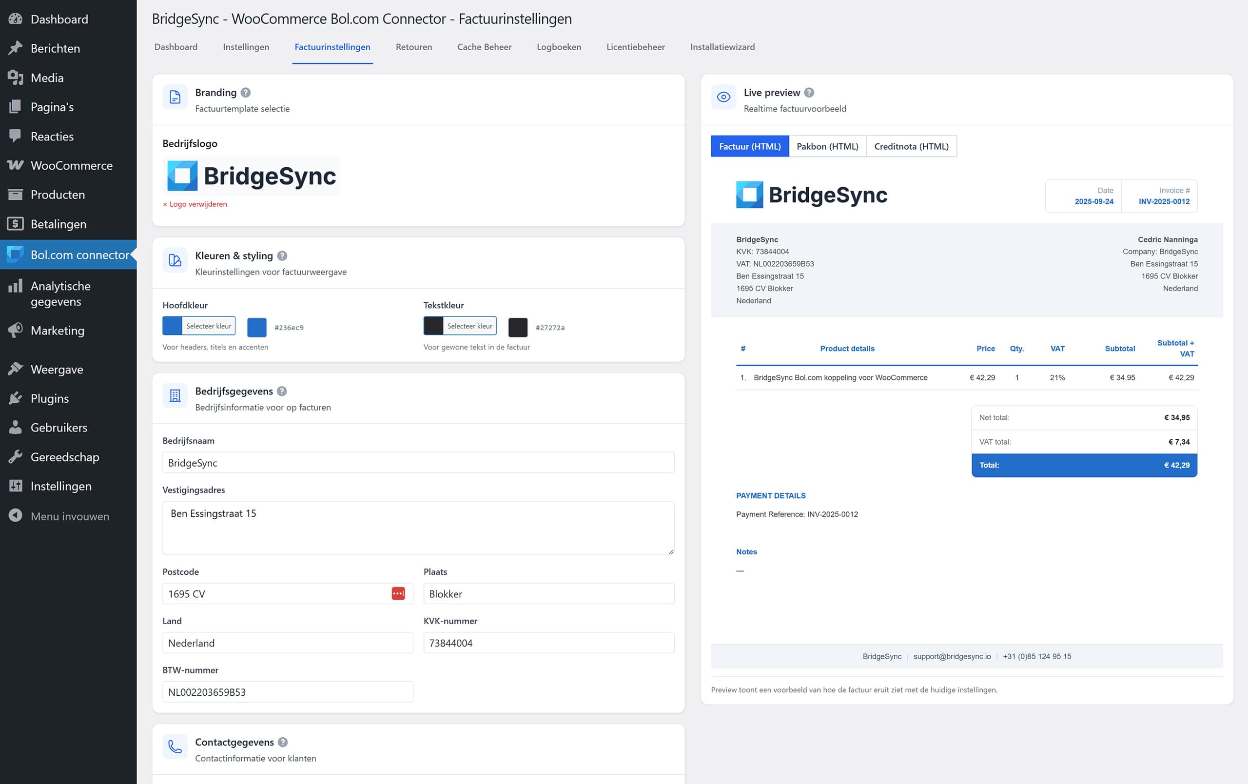 Factuurinstellingen met live voorbeeld — bedrijfsgegevens, kleuren en PDF-sjabloon in BridgeSync