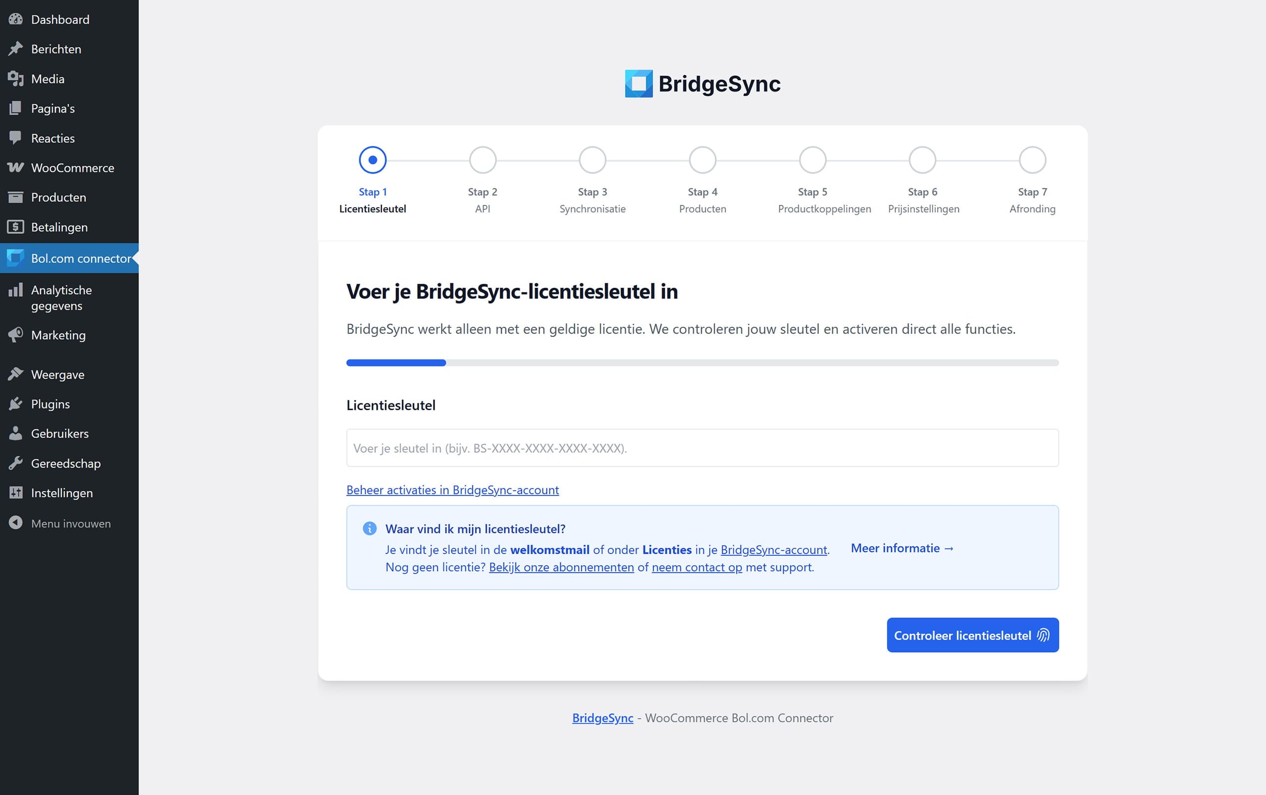Stapsgewijze installatiewizard — voer licentiesleutel in om WooCommerce binnen minuten met Bol.com te koppelen