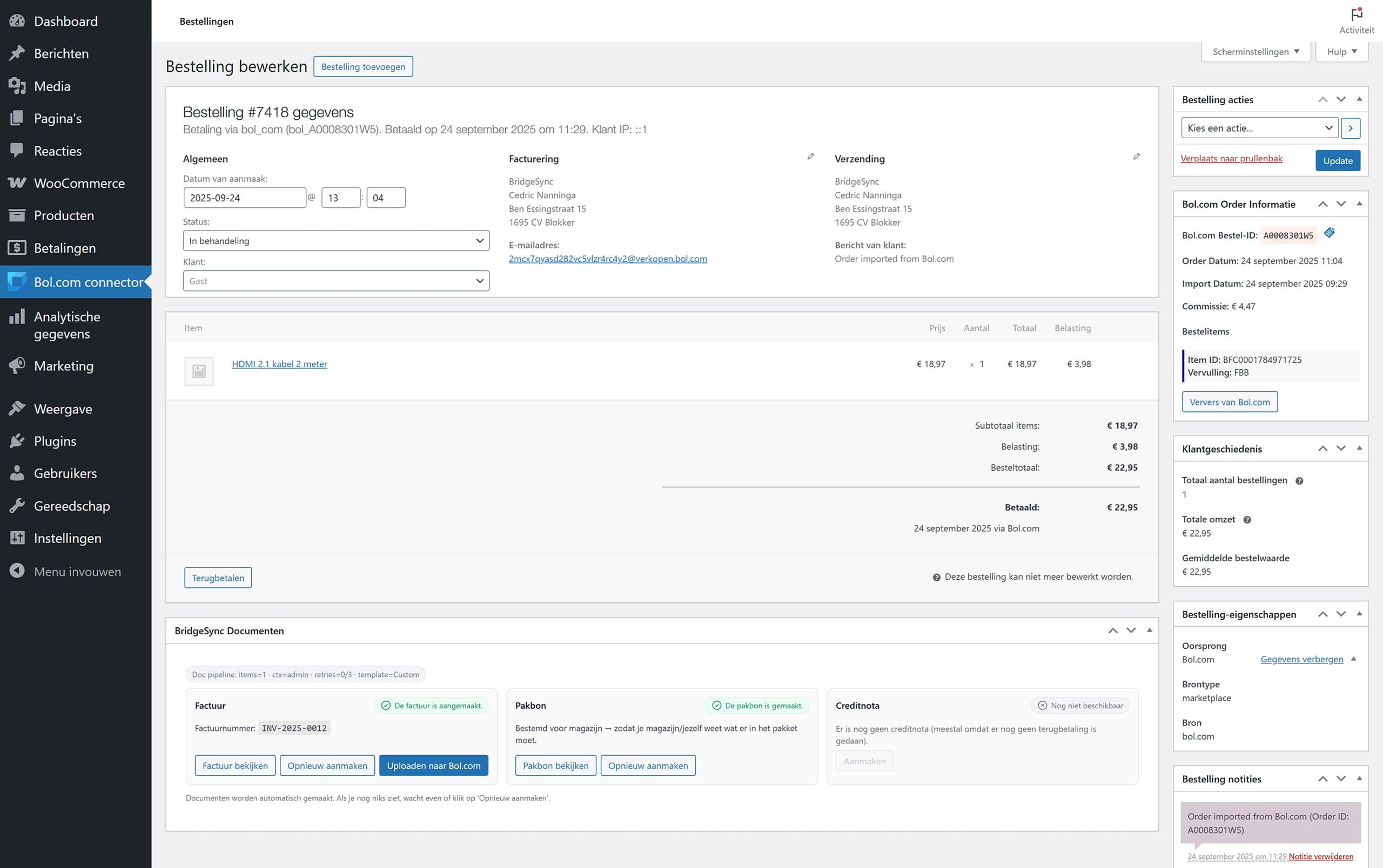 WooCommerce-bestelling met Bol.com-gegevens — factuur en pakbon gemaakt; upload naar Bol.com