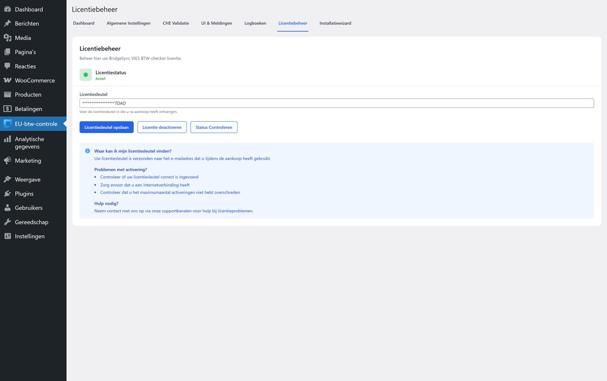 Licentiebeheer — licentiesleutel invoeren, opslaan, status controleren of deactiveren.