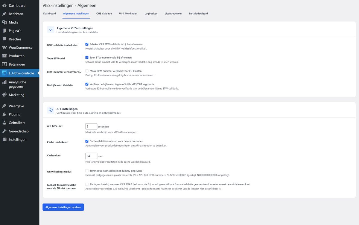 VIES algemene instellingen — validatie aanzetten, btw-veld tonen, bedrijfsnaamcontrole, API-timeout en cache.