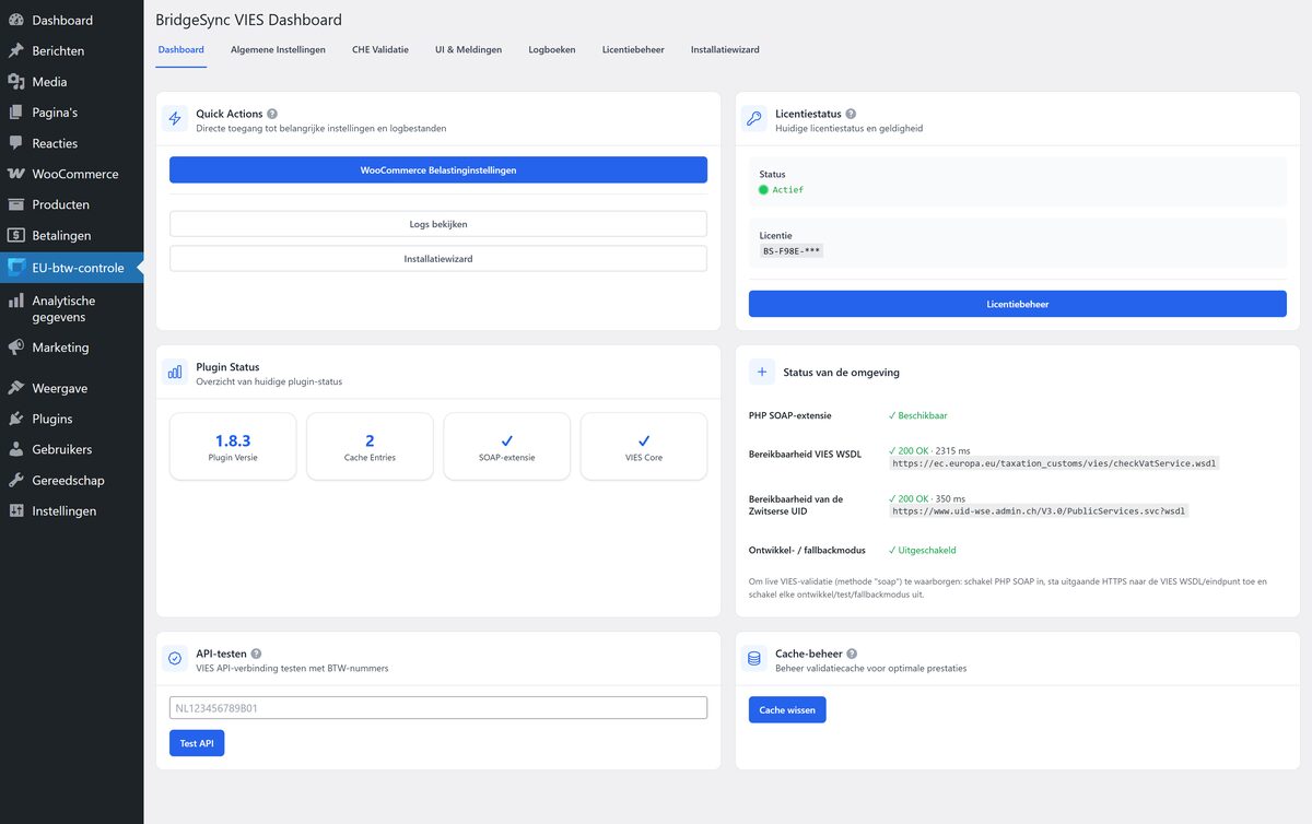 BridgeSync VIES-dashboard met snelle acties, licentiestatus, omgevingschecks en API-test.