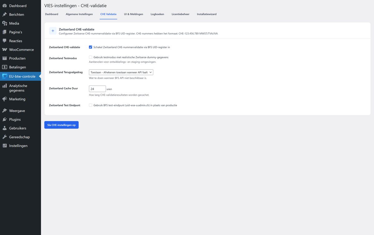 Zwitserse CHE-validatie — BFS UID-register met cache, testmodus en fallbackinstelling.